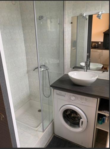 une salle de bain avec douche et lavabo et une machine à laver dans l'établissement Studio rental between scrubland and sea, à Vinassan