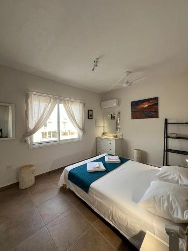 a bedroom with a large bed and a window at Green Bay Beach Escape in Protaras