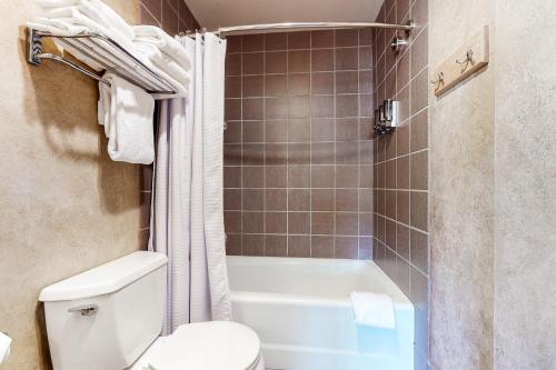 a bathroom with a toilet and a tub and a shower at Shoshone 1913 in Big Sky