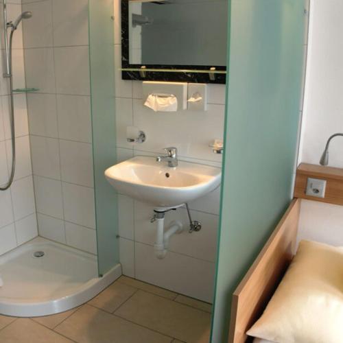 a bathroom with a sink and a shower at Gästehaus Sonne in Bütschwil