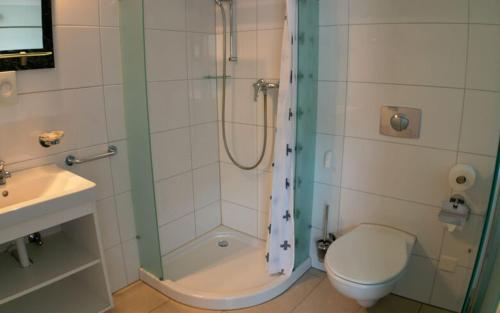 a bathroom with a shower and a toilet and a sink at Gästehaus Sonne in Bütschwil