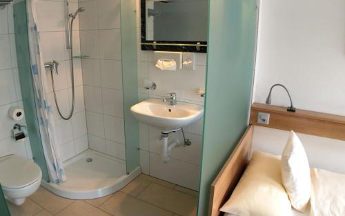 a bathroom with a shower and a sink and a toilet at Gästehaus Sonne in Bütschwil