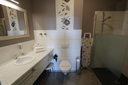 a bathroom with a toilet and a sink and a shower at Hotel Deutscher Hof in Babenhausen