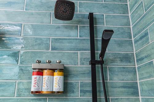 a rack with four bottles of spices on a wall at Luxury Couples Getaway w Dual Spa Shower 6308P1 in Saint Augustine