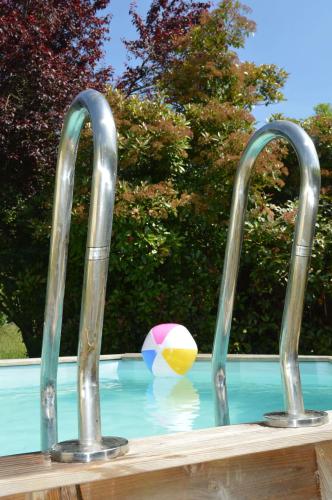 deux barres métalliques dans une piscine avec une balle dans l'établissement Charming Gite in the Normandy countryside, à Saint-Mars-dʼÉgrenne
