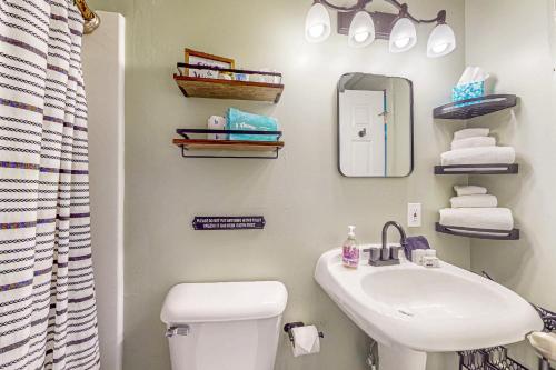 un bagno con lavandino, WC e specchio di River Beach Cottage a Bellaire
