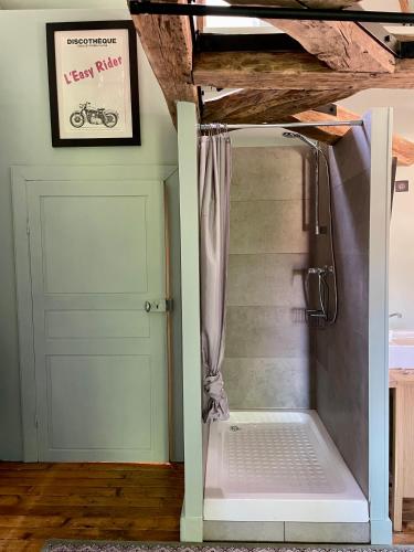 a walk in shower in a bathroom next to a door at Les chambres du Chateau de Farge-Allichamps in Farges-Allichamps