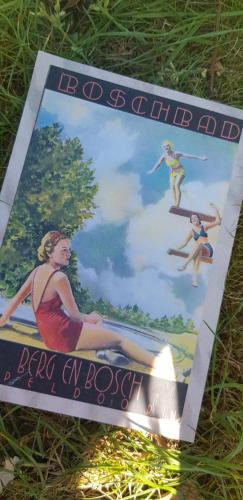 a book sitting on the grass with people on it at Knus huisje in het bos in Beekbergen