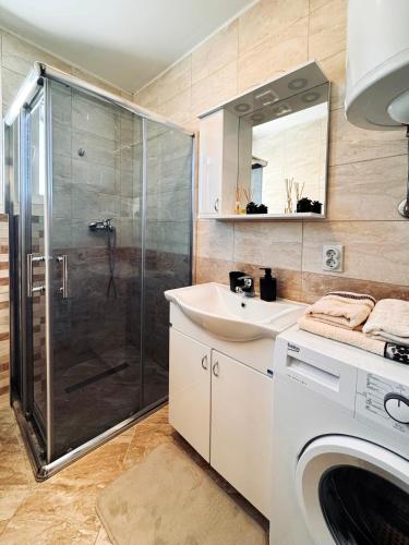 a bathroom with a shower and a sink and a washing machine at Azure in Vrnjačka Banja