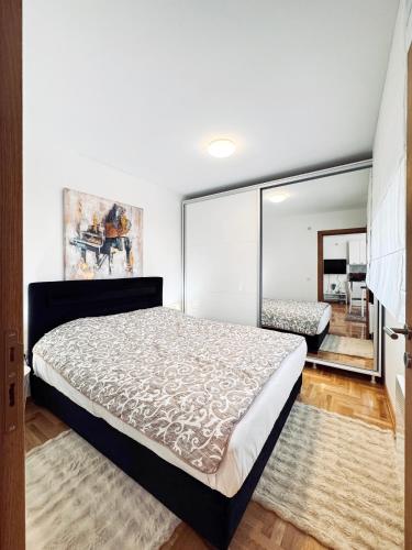a bedroom with a large bed and a mirror at Azure in Vrnjačka Banja