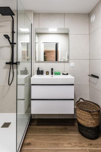 une salle de bain avec un lavabo blanc et une douche dans l'établissement Délicieuse Parenthèse - Clim - Terrasse - Parking, à Toulouse