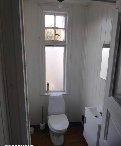 a white toilet in a bathroom with a window at Dubbelrum Værøy in Værøy