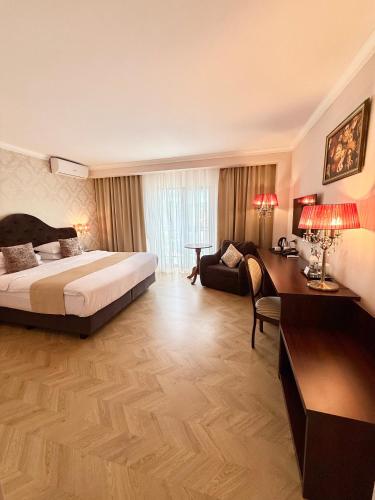 a hotel room with a bed and a desk at Krystal Boutique Mansion in Hunedoara
