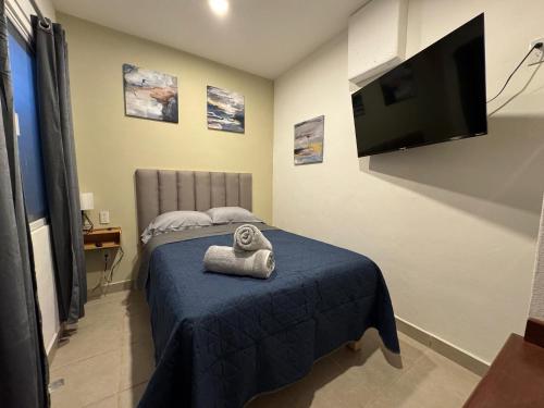 a bedroom with a bed with a towel on it at Casa Jacaranda Business Lodge 7 Suites Cowork Terrace in Irapuato