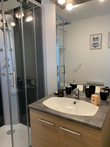 une salle de bain avec un lavabo et une douche dans l'établissement Ô Soleil - Spacieux studio entre mer & montagne parking wifi clim, à Saleilles