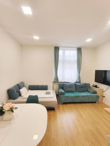 a living room with a couch and a tv at Ruyi holiday -Családi ház in Sopron