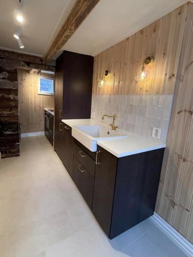 a large kitchen with a sink and a counter at Historisk hus i gamle Stavanger in Stavanger