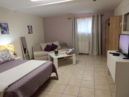 アルゴストリオンにあるStudio Luciaのベッドとソファとテレビのある寝室