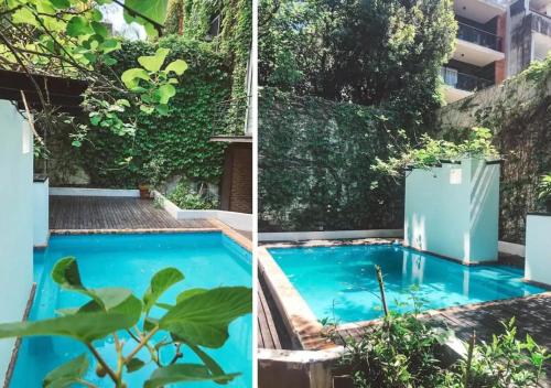 Dos fotos de una piscina en un jardín. en Loft San Isidro Hipodromo Area Hospital Central, en San Isidro