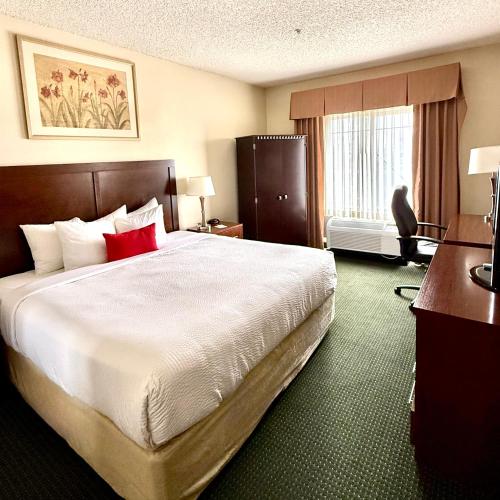 a hotel room with a large bed and a window at Ramada by Wyndham Denver International Airport in Denver