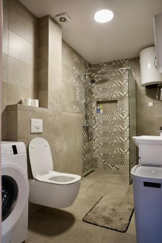 a bathroom with a toilet and a shower at Little Sunshine in Herceg-Novi