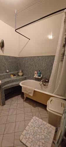 a bathroom with a bath tub and a toilet at Chez Virginie - chambre du Bourg in Lourdes