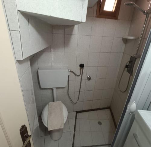 a small bathroom with a toilet and a shower at Civico 40 Bonvoyage in Nardò