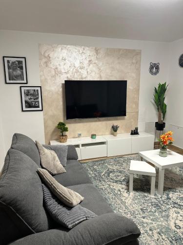 a living room with a gray couch and a flat screen tv at Marina Spacious Family Apartment in Križišće