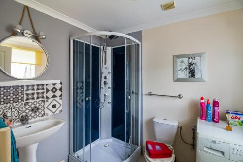 une salle de bain avec douche et lavabo dans l'établissement Maison de Campagne 4 places, avec Piscine et Jacuzzi, à Savignac-sur-Leyze