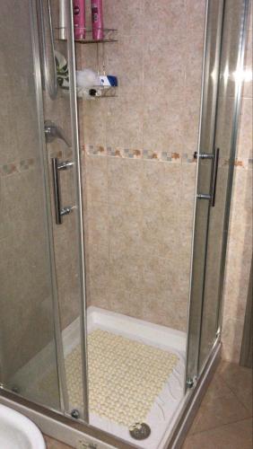 a shower with a glass door in a bathroom at Appartamento Fronte Mare Rosa 2 in Ardore Marina