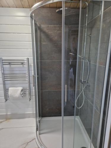 una doccia con una porta in vetro in un bagno di Danu Escape a Gneevgullia