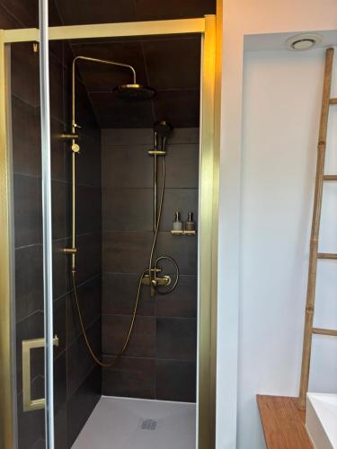 a shower with a hose in a bathroom at PrestigeLodgesFontainebleau, Maison polynésienne & jacuzzi privé in Pamfou