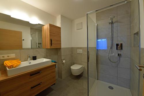 een badkamer met een wastafel, een toilet en een douche bij Lärchenheim Appartment in Castelrotto