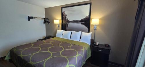 a hotel room with a bed with a picture on the wall at Super 8 by Wyndham Rogers Minnesota in Rogers