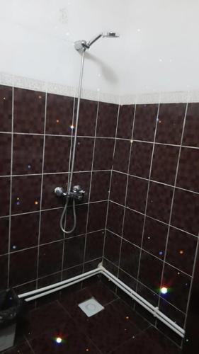 y baño con ducha y pared de azulejos marrones. en Гостевой Дом, en Karagandá