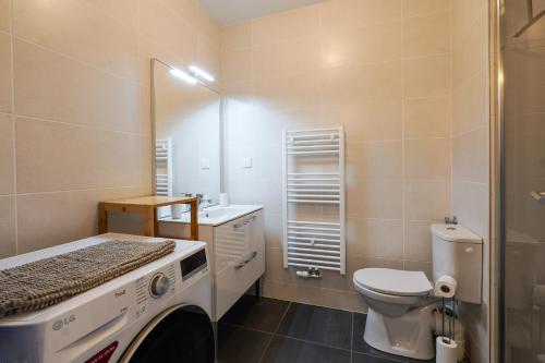 ein Badezimmer mit einer Waschmaschine, einem WC und einem Waschbecken in der Unterkunft Appartement T2 idéal 2 personnes-150 m de la plage in Biscarrosse
