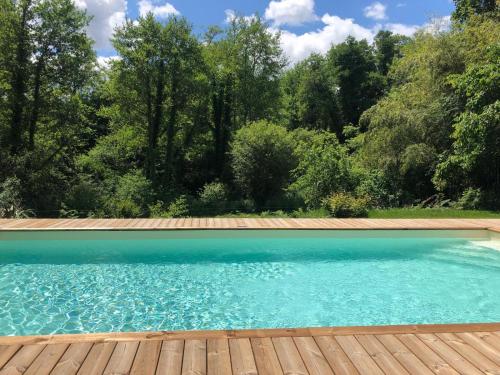 une piscine avec une terrasse en bois et des arbres dans l'établissement L'Atelier des Résiniers, à Pontenx-les-Forges