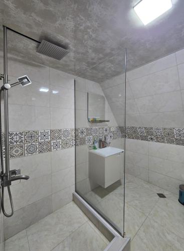 a bathroom with a shower and a sink at Grand Mountain Cottage in Kazbegi