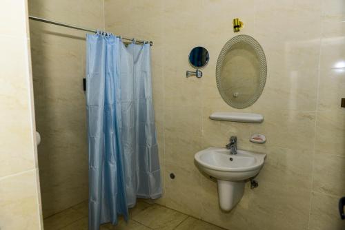 a bathroom with a shower curtain and a sink at Flamingo Boutique hotels in Luxor