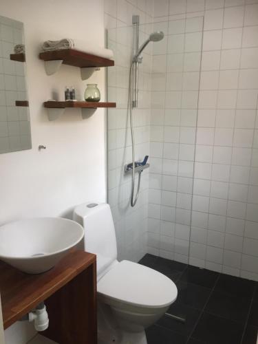 a bathroom with a toilet and a sink and a shower at Skagen City Apartments - Skagen-Byferie in Skagen