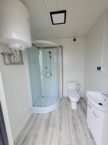 a bathroom with a shower and a toilet and a sink at Pole U Mani in Wiżajny