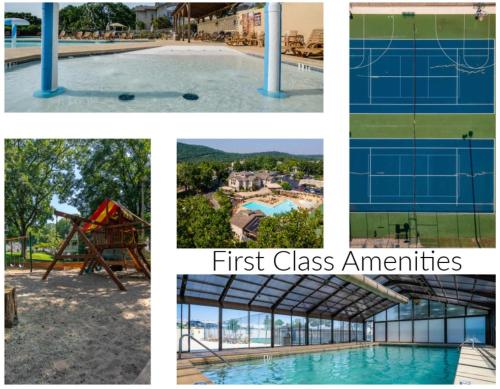 a collage of photos with the words first class amenities at Ozark Retreat at the Pointe in Branson