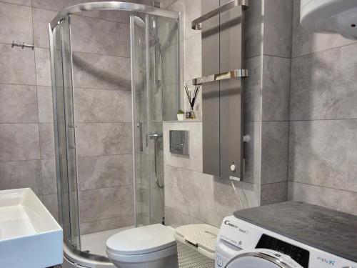 a bathroom with a shower and a toilet and a sink at Gracia apartman in Vrnjci