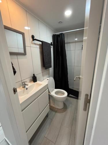 a bathroom with a toilet and a sink and a shower at Encanto do Alva in Friumes