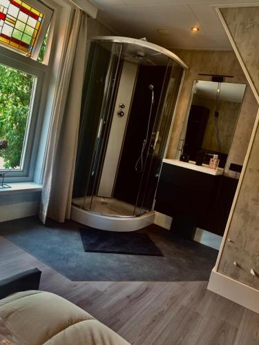 a bathroom with a shower and a large mirror at Klassiek veluws huis onder de beuken in Barneveld