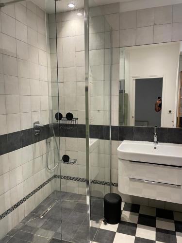 une salle de bain avec une douche en verre et un lavabo dans l'établissement Palais Libération 3 pièces, à Nice
