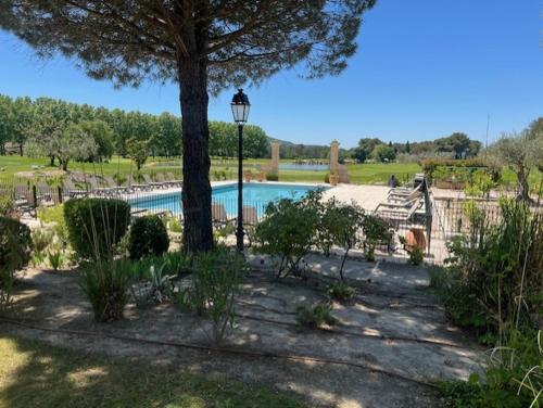 une piscine avec un arbre et un pôle de lumière dans l'établissement Appartement de charme sur le domaine de Pont Royal à Mallemort, en rez-de-jardin avec terrasse & piscine et vue sur le Golf, à Mallemort