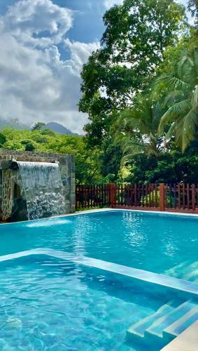 a blue swimming pool with a waterfall in a yard at Arca Tayrona Restaurant & Hostal in Santa Marta