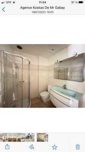 une salle de bain avec une douche, un lavabo et des toilettes dans l'établissement villa matama, à Cannes