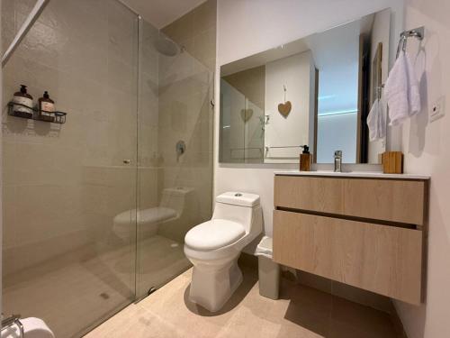 a bathroom with a toilet and a sink and a shower at Edificio Eira in Santa Marta